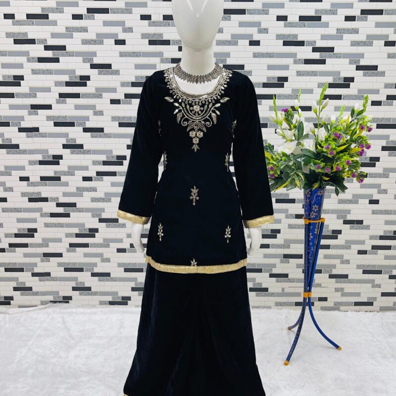 Sharara Set-Heavy Viscose Velvet Emb. & Seq. Fabric - Image 9
