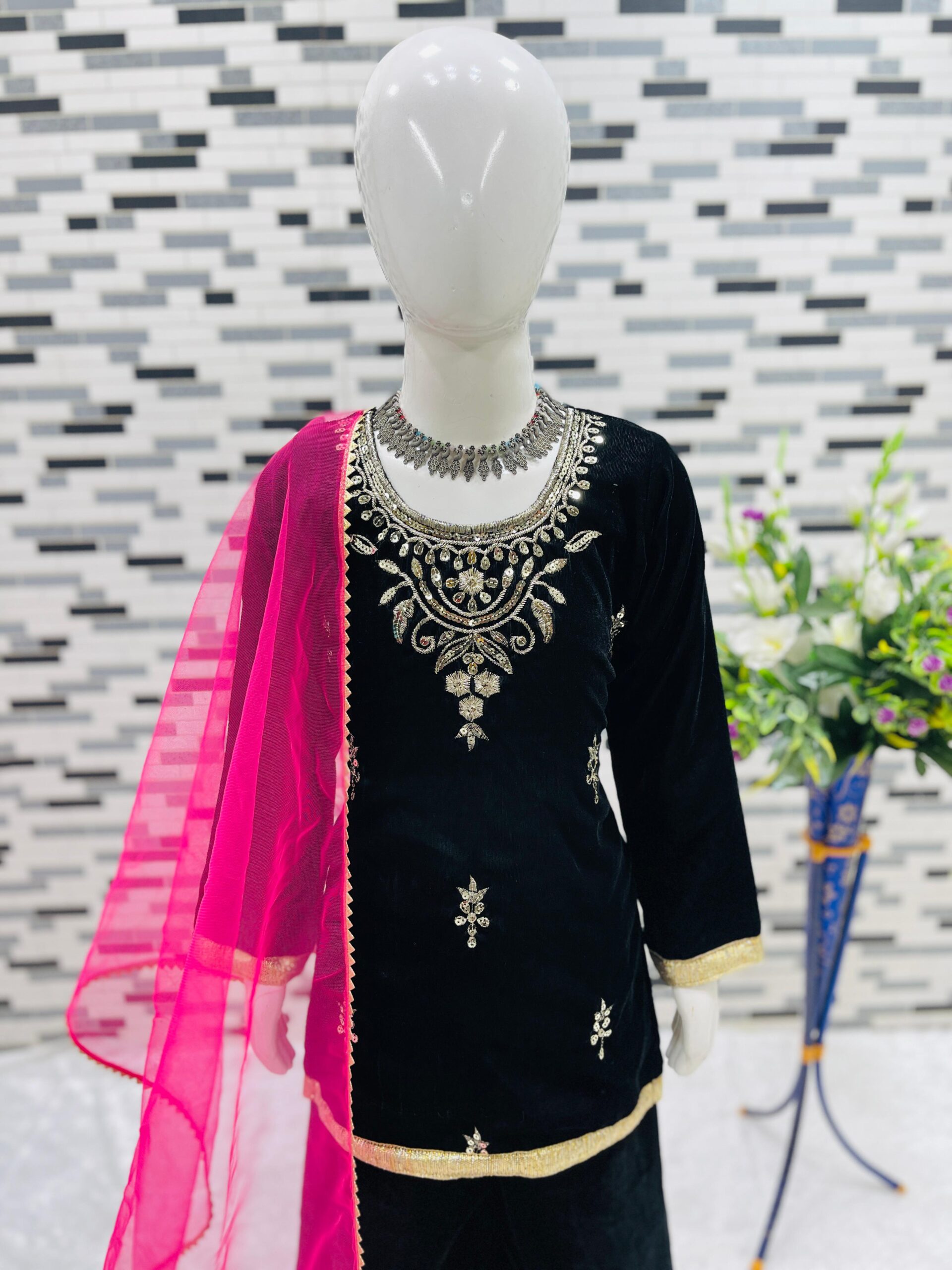 Sharara Set-Heavy Viscose Velvet Emb. & Seq. Fabric - Image 7