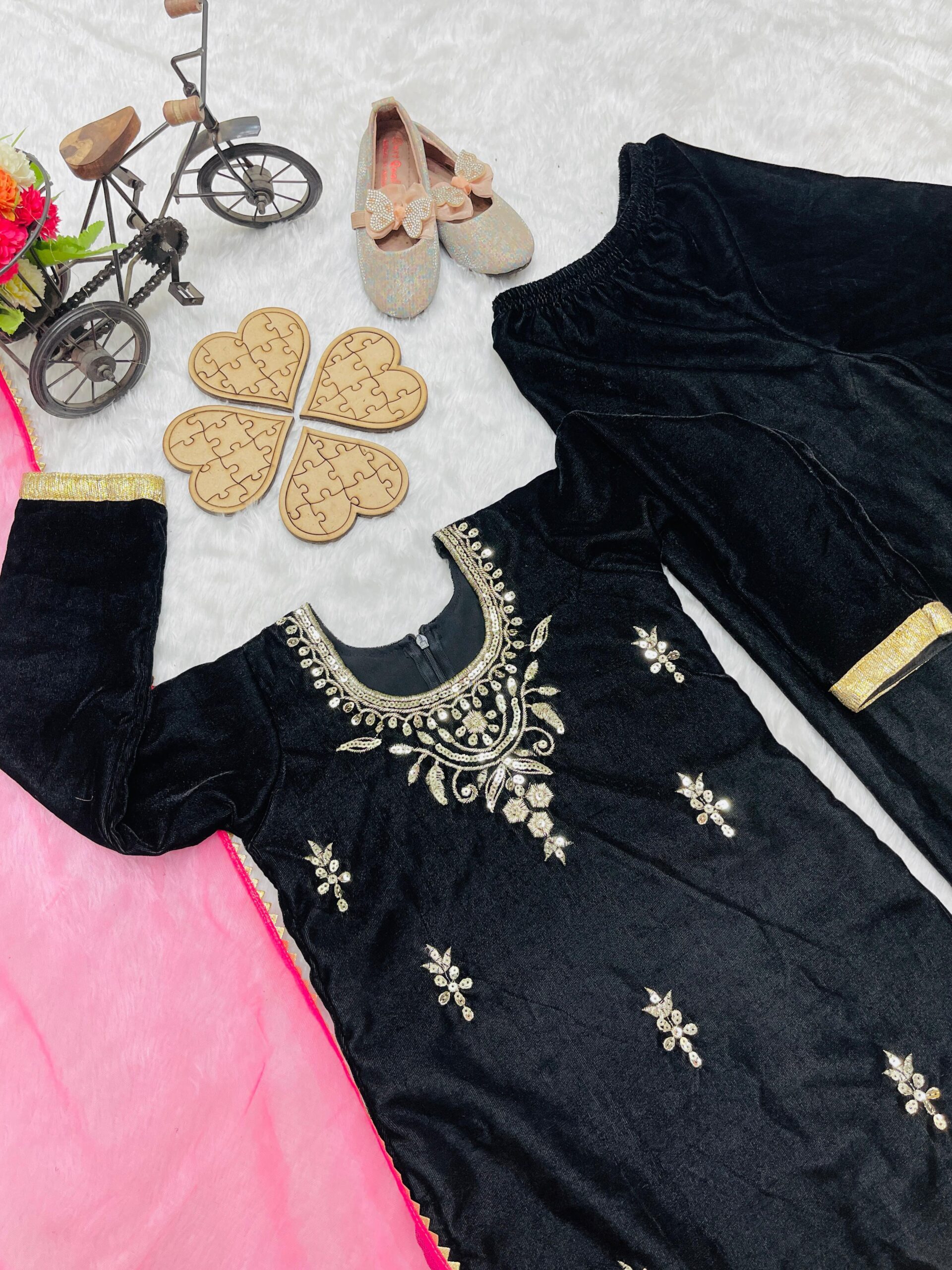 Sharara Set-Heavy Viscose Velvet Emb. & Seq. Fabric