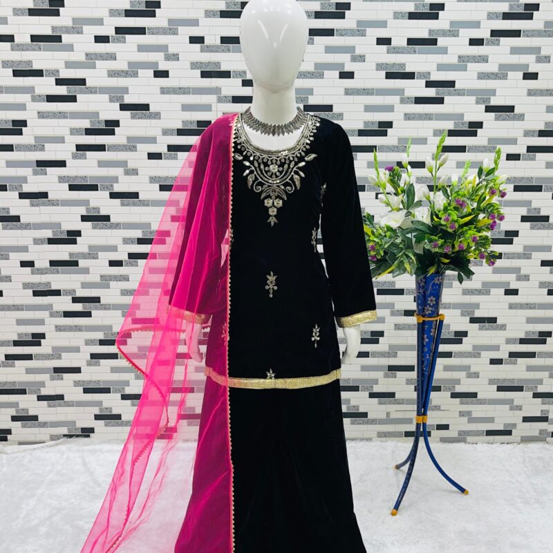 Sharara Set-Heavy Viscose Velvet Emb. & Seq. Fabric - Image 5