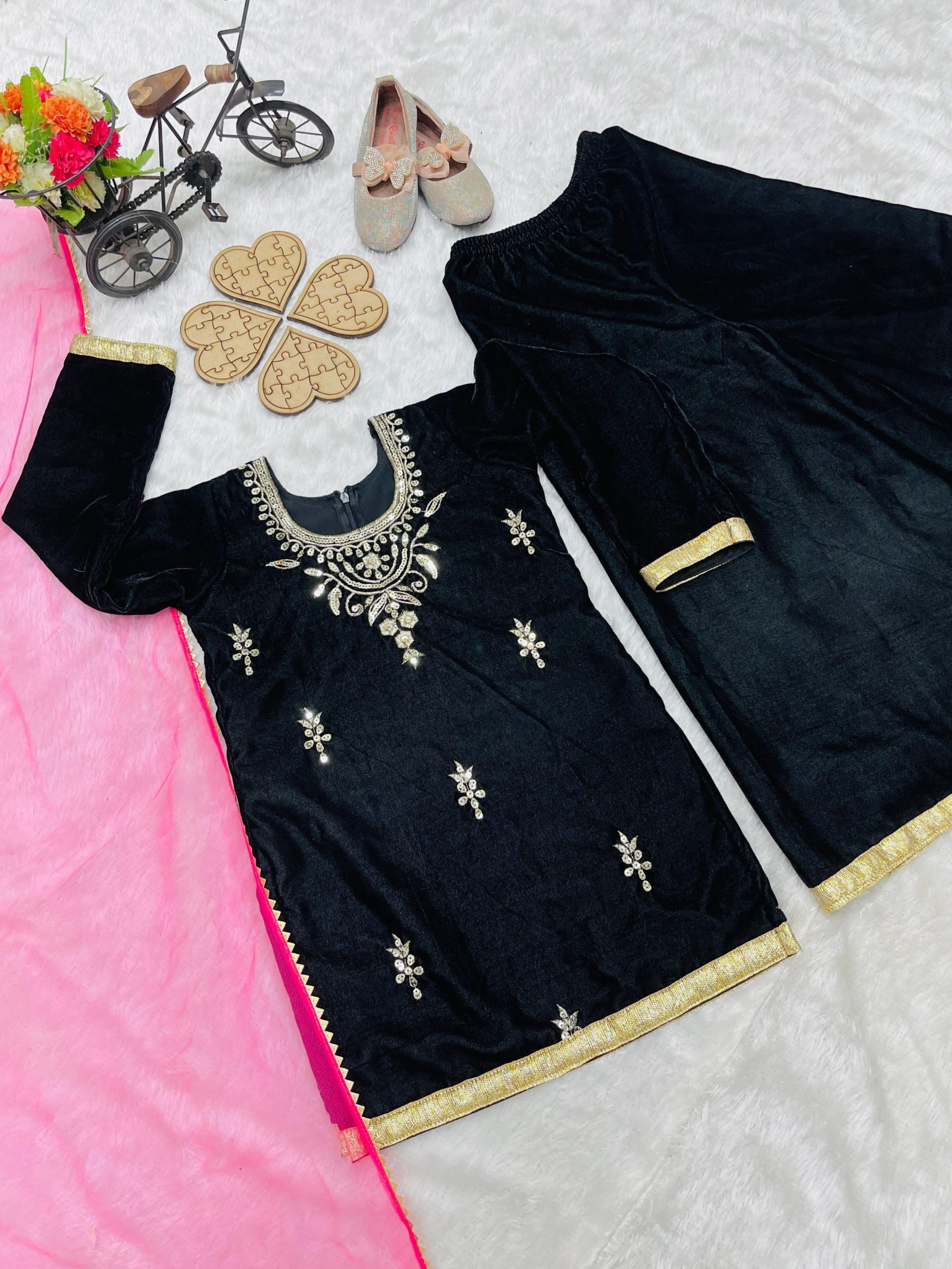 Sharara Set-Heavy Viscose Velvet Emb. & Seq. Fabric - Image 3