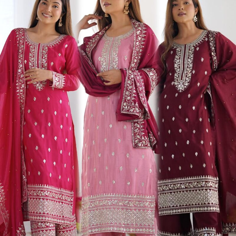 Primeisha Presenting Chinnon Silk Heavy Embroidered Top-Bottom-Dupatta Set