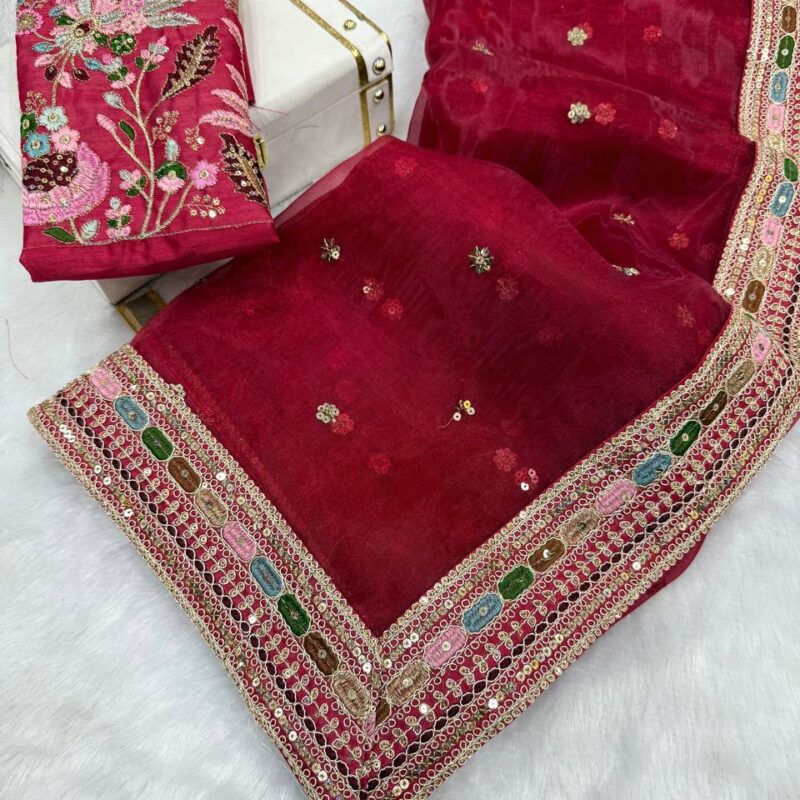 Pure Organza Silk Saree with Multi-Thread Sequence Embroidery & Satin Blouse - Image 3