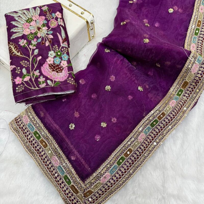 Pure Organza Silk Saree with Multi-Thread Sequence Embroidery & Satin Blouse