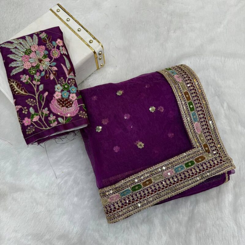 Pure Organza Silk Saree with Multi-Thread Sequence Embroidery & Satin Blouse - Image 4