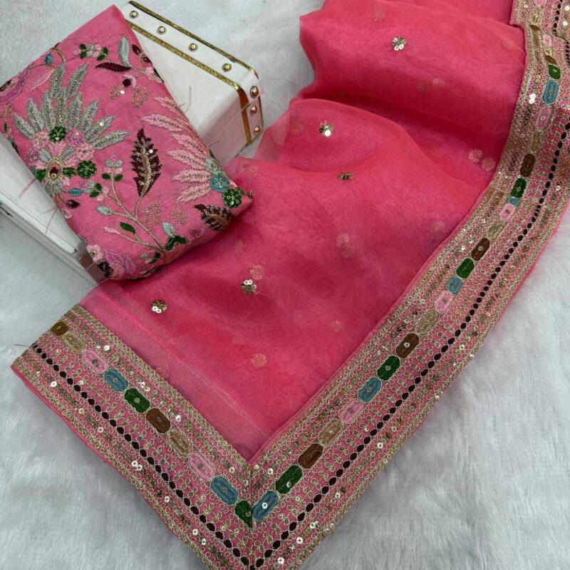 Pure Organza Silk Saree with Multi-Thread Sequence Embroidery & Satin Blouse - Image 2