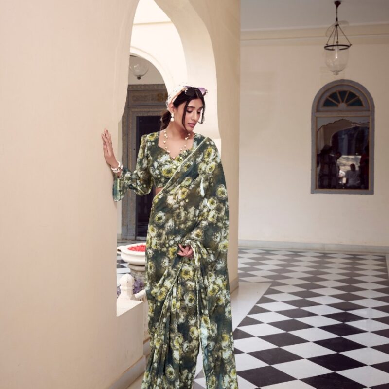 Primeisha presenting Marble Print Floral Saree with Pearl Lace Border – Elegant Weightless Drape - Image 3