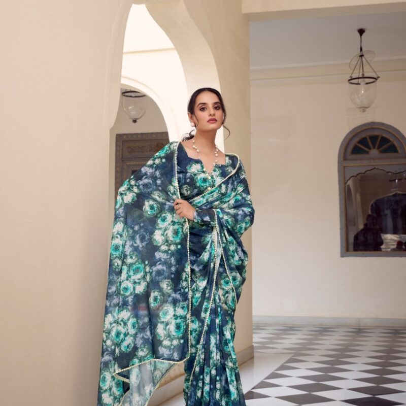Primeisha presenting Marble Print Floral Saree with Pearl Lace Border – Elegant Weightless Drape