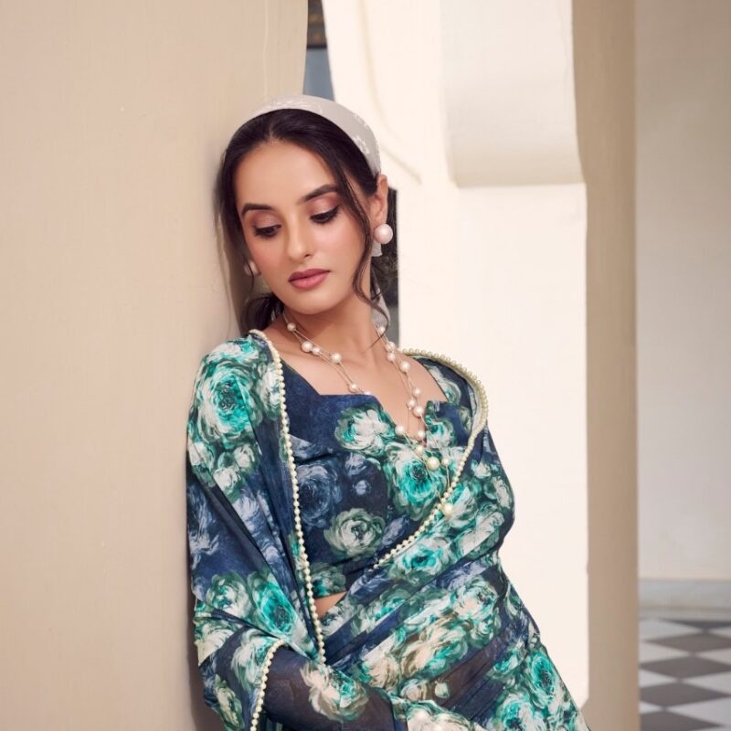 Primeisha presenting Marble Print Floral Saree with Pearl Lace Border – Elegant Weightless Drape - Image 4