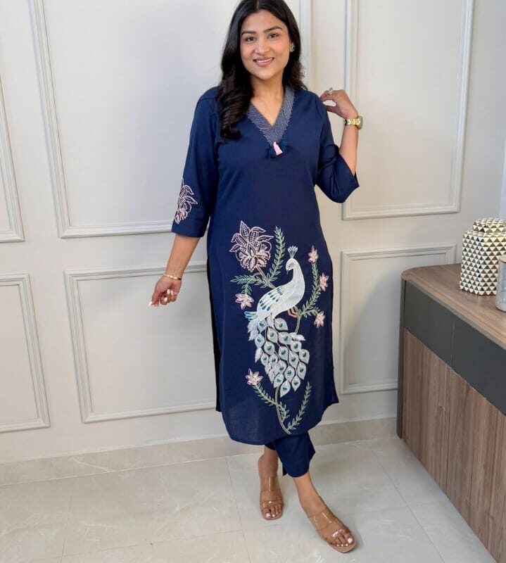 Primeisha Presenting Elegant Blue Pure Cotton Embroidered Kurti with Pant Set - Image 2