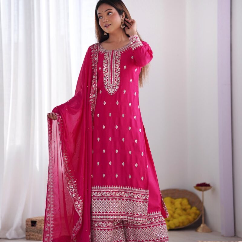 Primeisha Presenting Chinnon Silk Heavy Embroidered Top-Bottom-Dupatta Set - Image 13