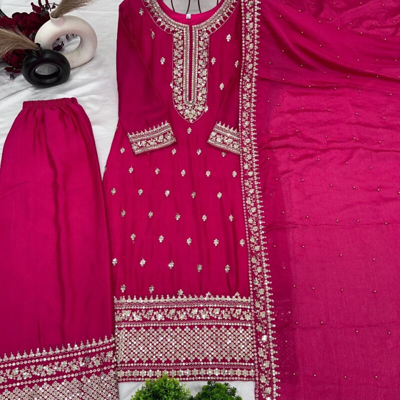 Primeisha Presenting Chinnon Silk Heavy Embroidered Top-Bottom-Dupatta Set - Image 11