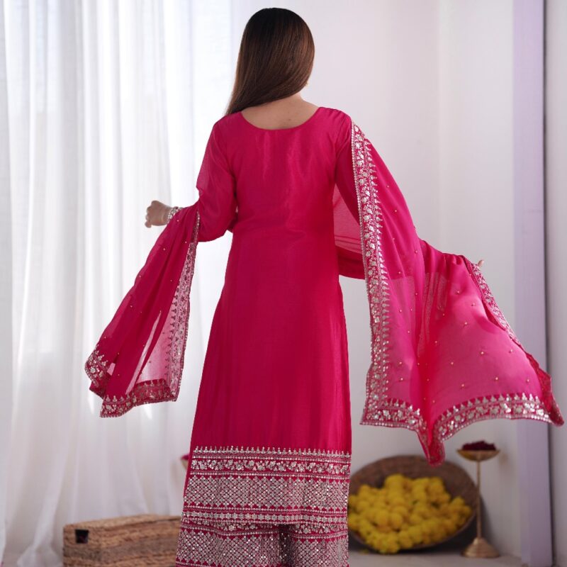 Primeisha Presenting Chinnon Silk Heavy Embroidered Top-Bottom-Dupatta Set - Image 10