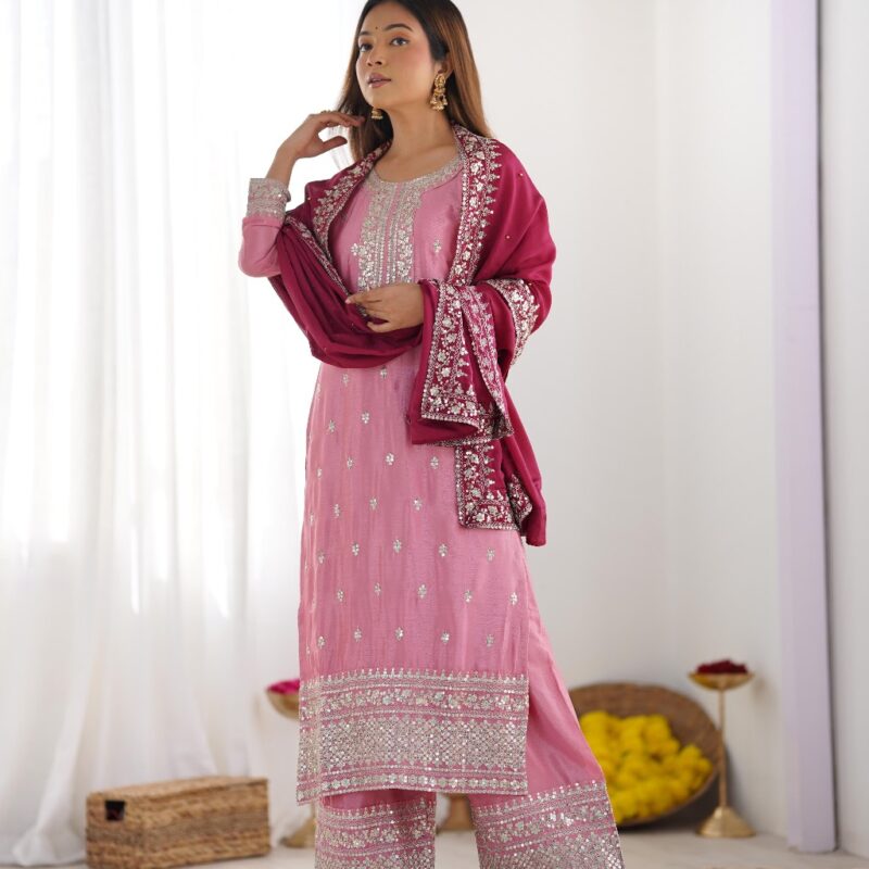 Primeisha Presenting Chinnon Silk Heavy Embroidered Top-Bottom-Dupatta Set - Image 9