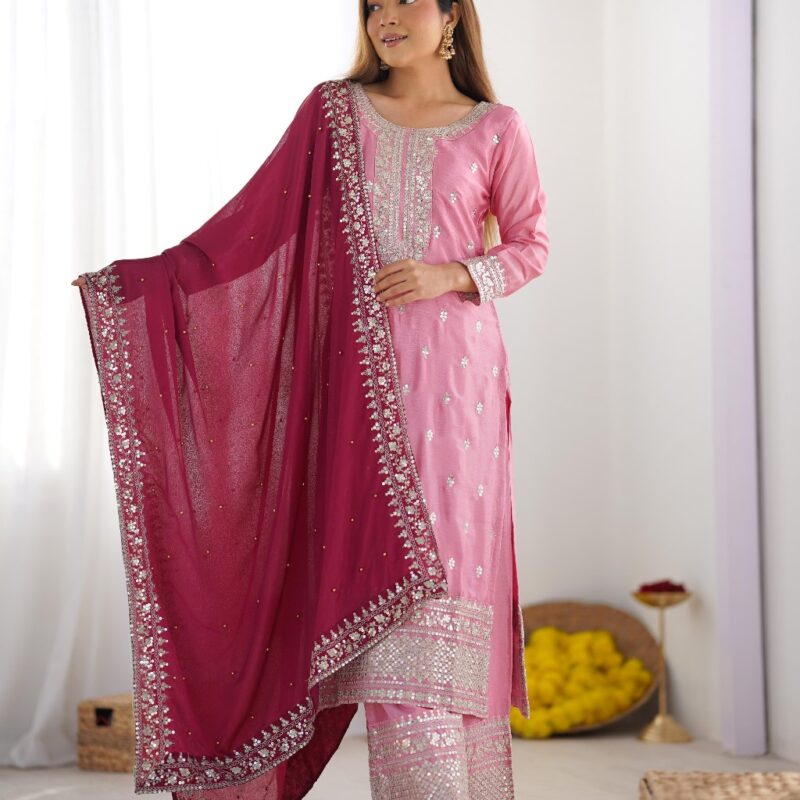 Primeisha Presenting Chinnon Silk Heavy Embroidered Top-Bottom-Dupatta Set - Image 8