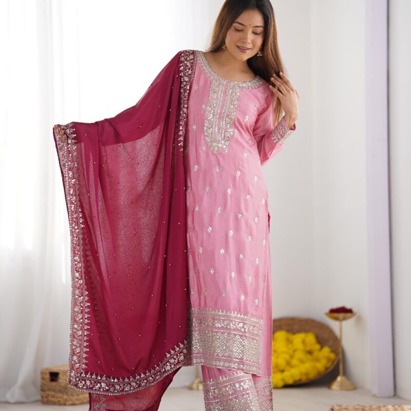 Primeisha Presenting Chinnon Silk Heavy Embroidered Top-Bottom-Dupatta Set - Image 7