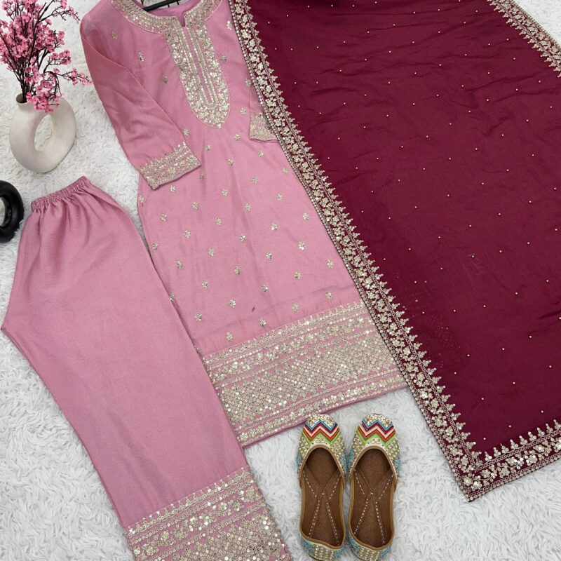 Primeisha Presenting Chinnon Silk Heavy Embroidered Top-Bottom-Dupatta Set - Image 6