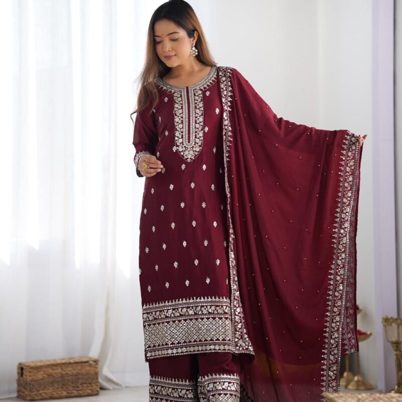 Primeisha Presenting Chinnon Silk Heavy Embroidered Top-Bottom-Dupatta Set - Image 5