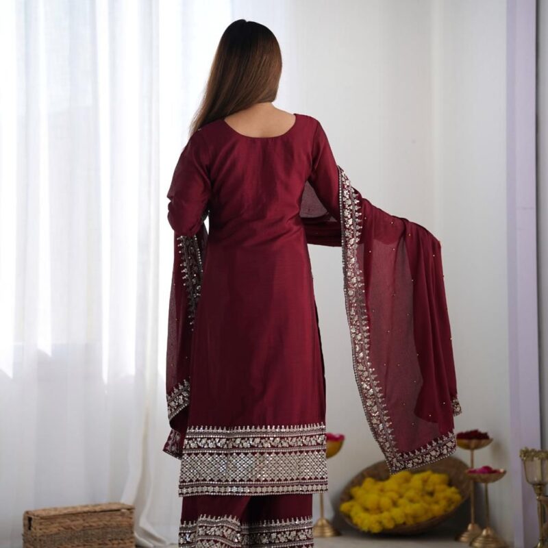 Primeisha Presenting Chinnon Silk Heavy Embroidered Top-Bottom-Dupatta Set - Image 4