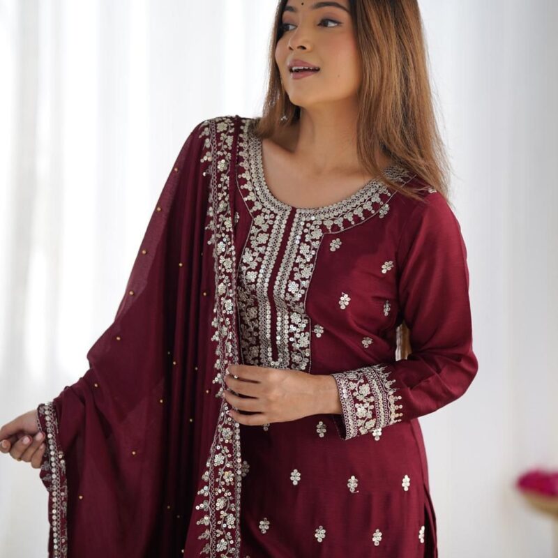 Primeisha Presenting Chinnon Silk Heavy Embroidered Top-Bottom-Dupatta Set - Image 3