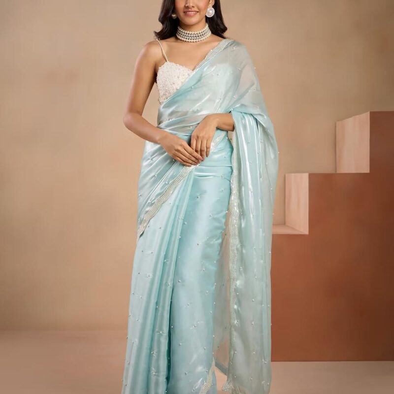 Primeisha Presenting Jimmy Pearl Heavy Moss Jimmy Choo Saree with Pearl & Sequins Work - Image 2