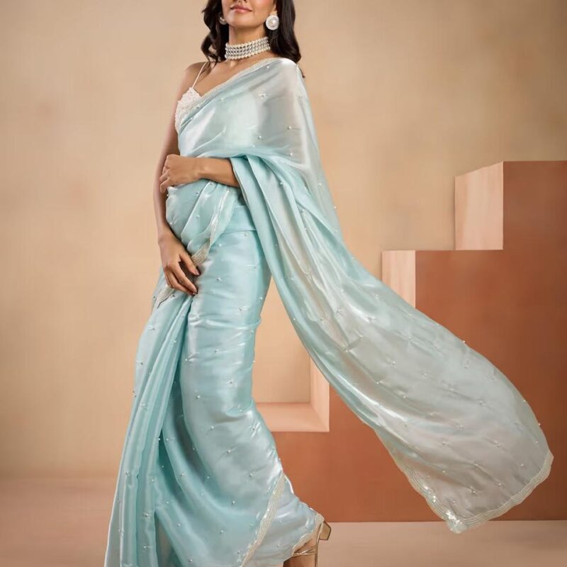 Primeisha Presenting Jimmy Pearl Heavy Moss Jimmy Choo Saree with Pearl & Sequins Work