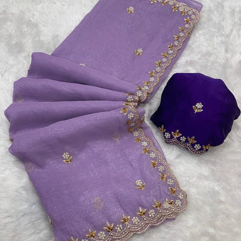 Crunchy Saree with Beads & Embroidered Digital Blouse - Image 5