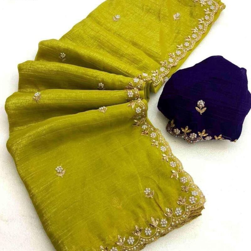 Crunchy Saree with Beads & Embroidered Digital Blouse - Image 3