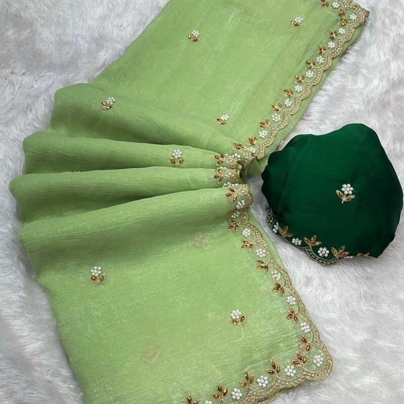 Crunchy Saree with Beads & Embroidered Digital Blouse - Image 2
