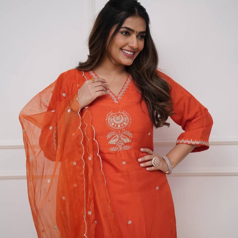 Viscose Chanderi Embroidered Suit Set with Organza Dupatta - Image 2