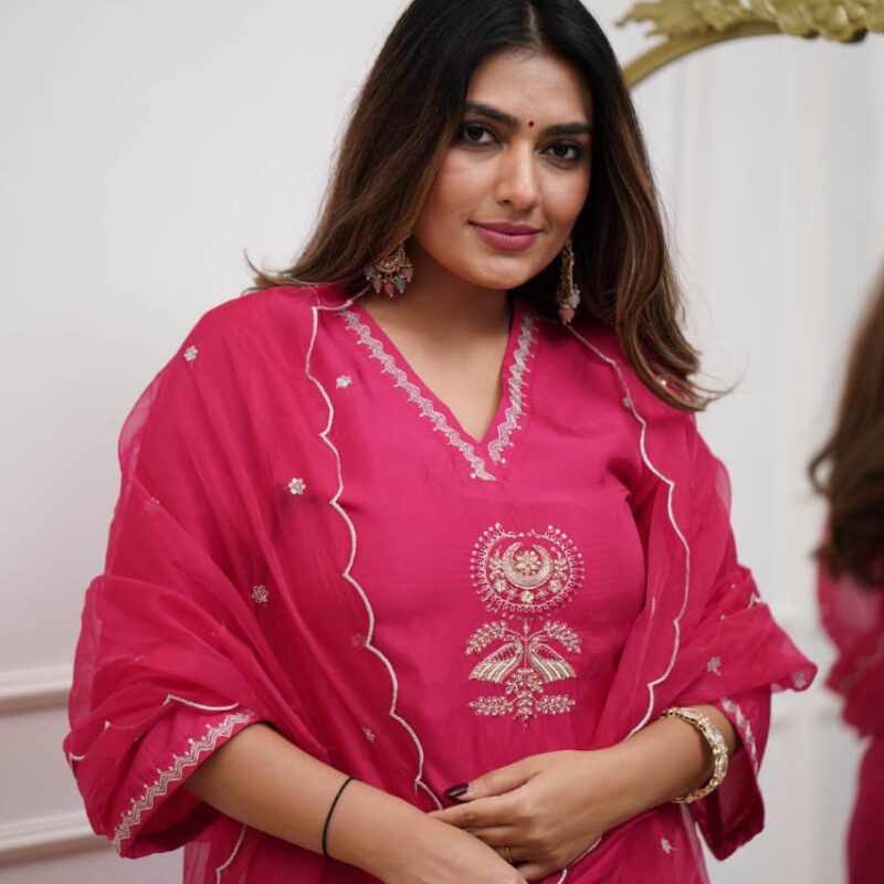 Viscose Chanderi Embroidered Suit Set with Organza Dupatta - Image 7