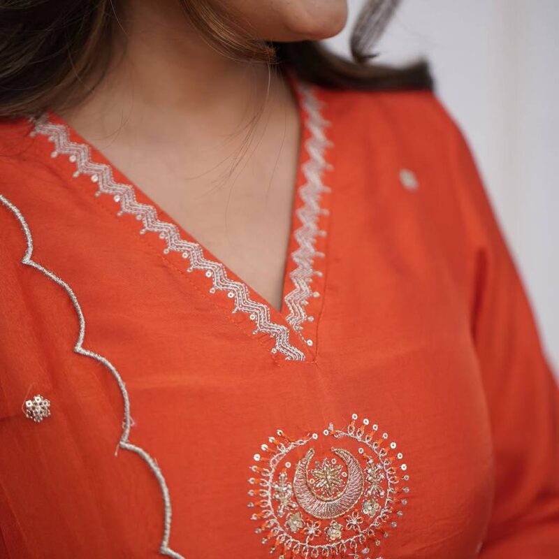 Viscose Chanderi Embroidered Suit Set with Organza Dupatta - Image 9