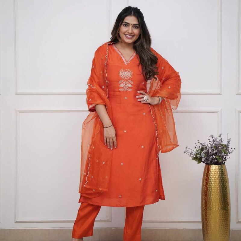 Viscose Chanderi Embroidered Suit Set with Organza Dupatta - Image 4