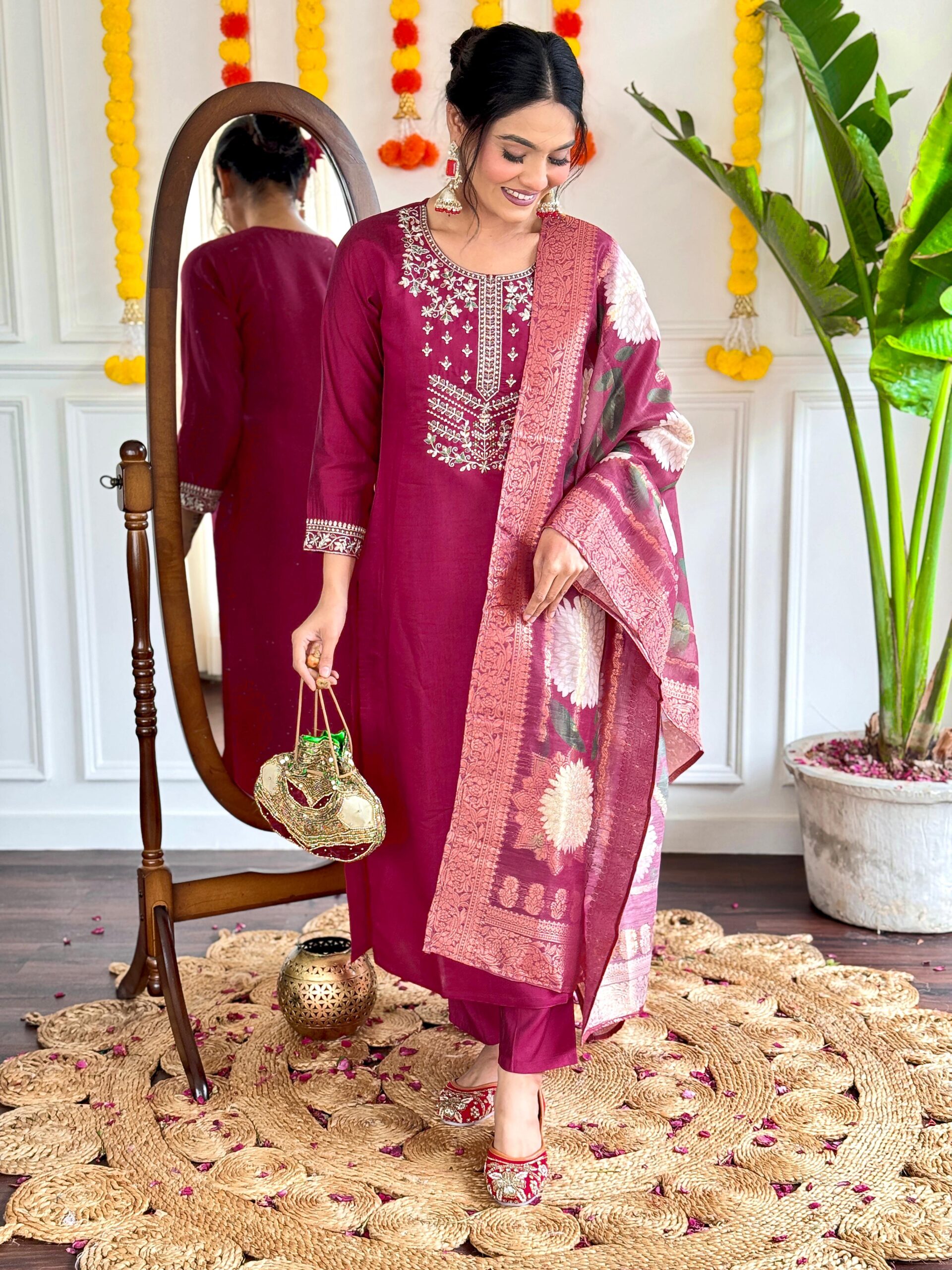 Viscose Chanderi Kurti Set with Printed Jacquard Dupatta