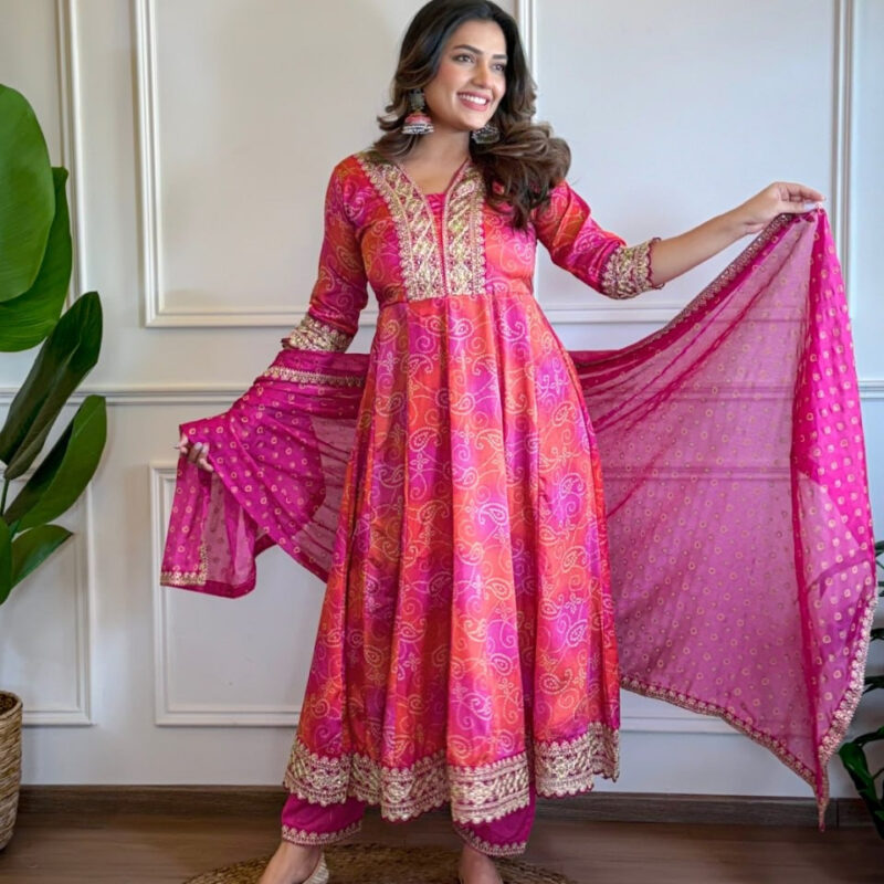 Bandhani Print Chinnon Kurti Set
